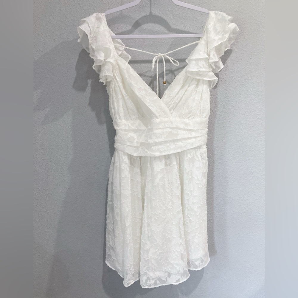 Selfie Leslie Ruffle Feminine Bow Open Back Lola Textured White Mini Dress